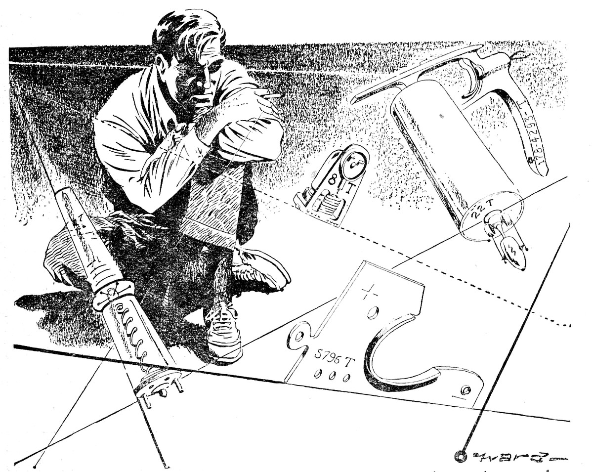 Spaceman Crouches Over Futuristic Control Panel — Golden Age Pen-and-Ink Interior
