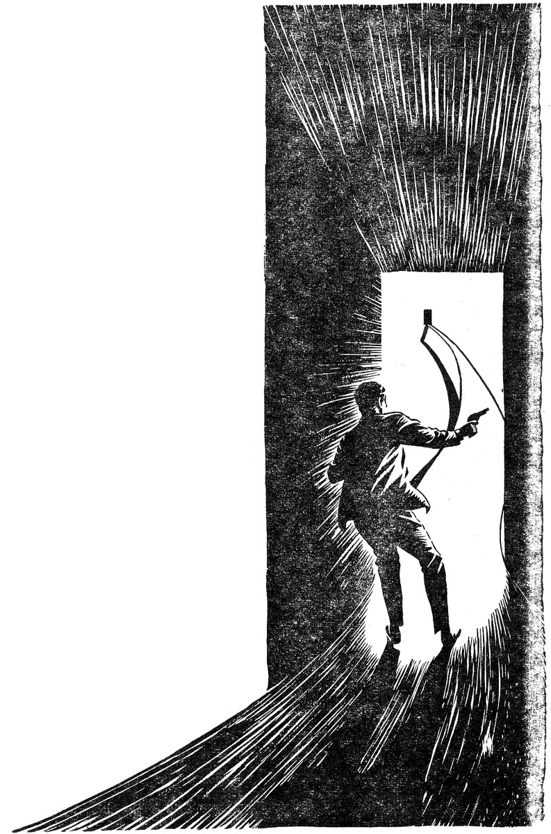 Figure Crosses Threshold of Blinding Light — Pulp Era Sci-Fi Interior Spot Illustration