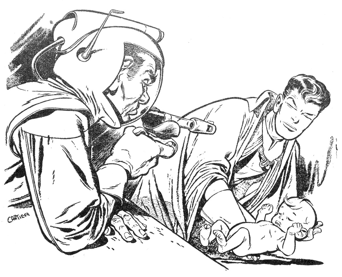 Cartier Interior Art: Alien Helmet Figure Threatens Infant, F&SF 1950s