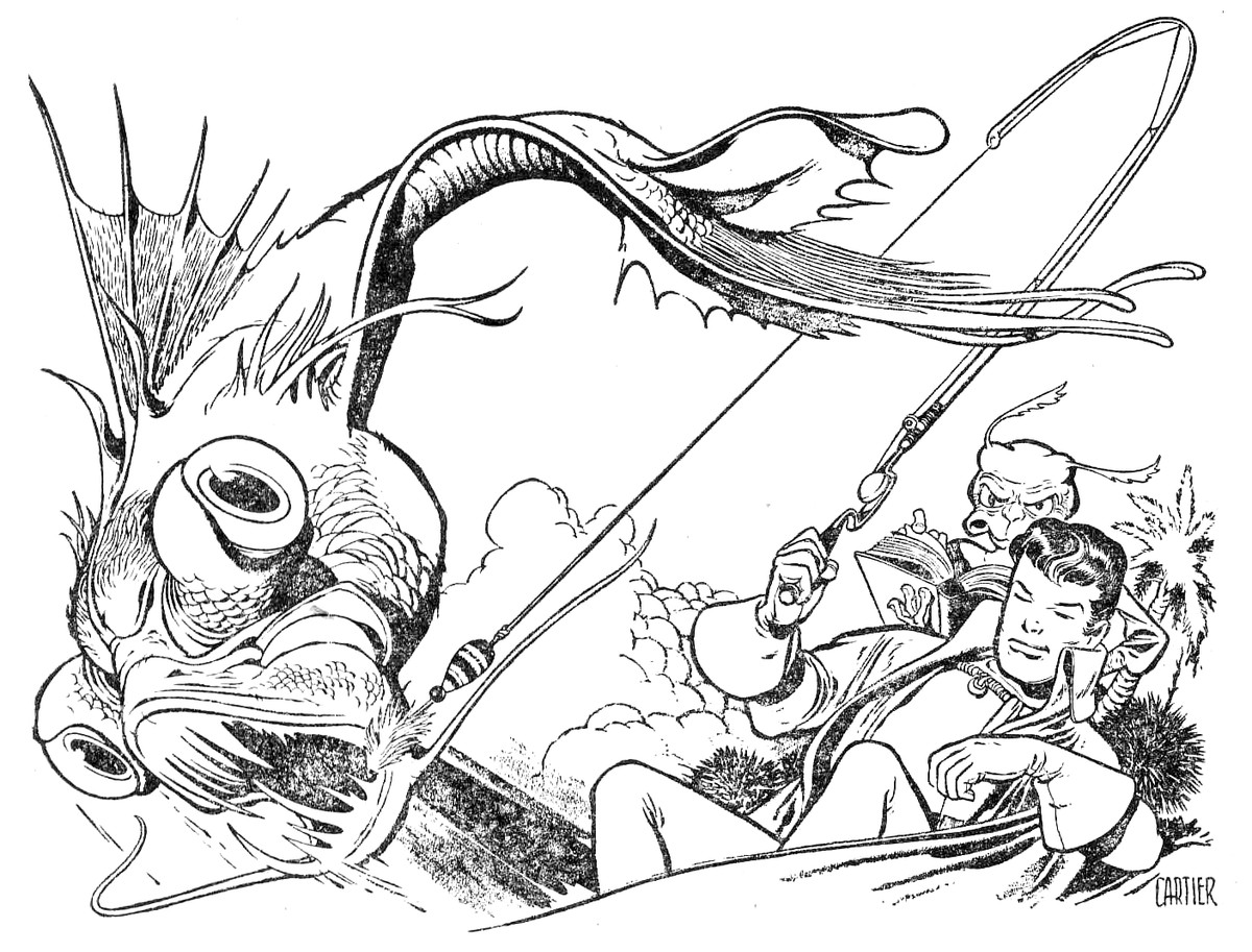 Cartier's Giant Alien Fish Attack – Golden Age Pulp Interior Illo