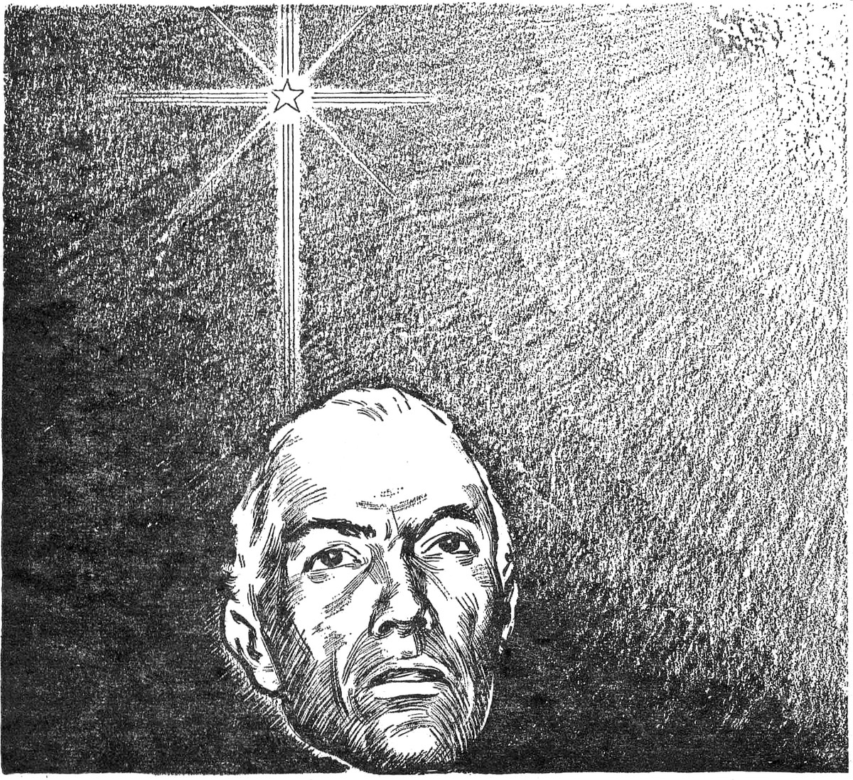 Brooding Astronaut Gazes at Stellar Cross — Pulp Era Sci-Fi Interior Illustration