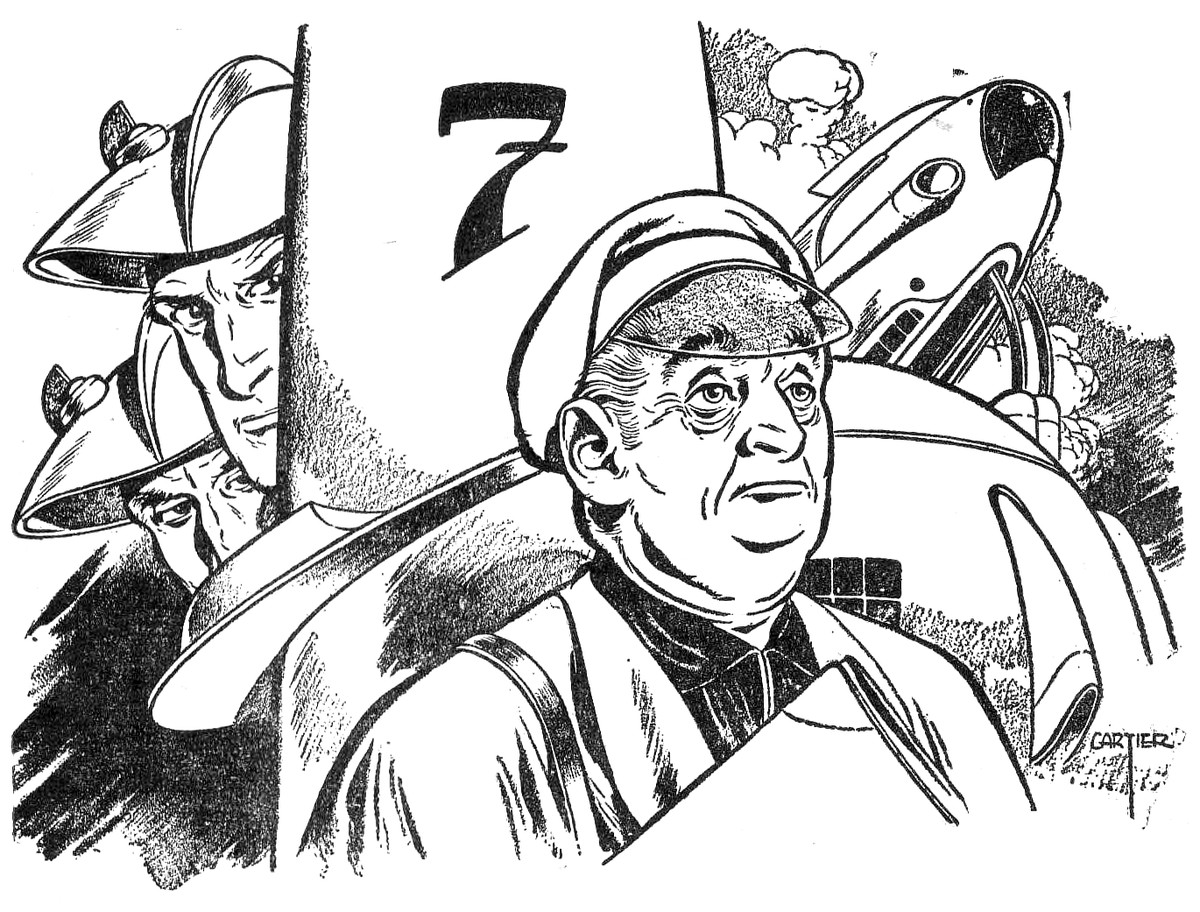 Cartier Pen-and-Ink Pulp Interior: Rocket Race Driver and Masked Figure, c.1950s