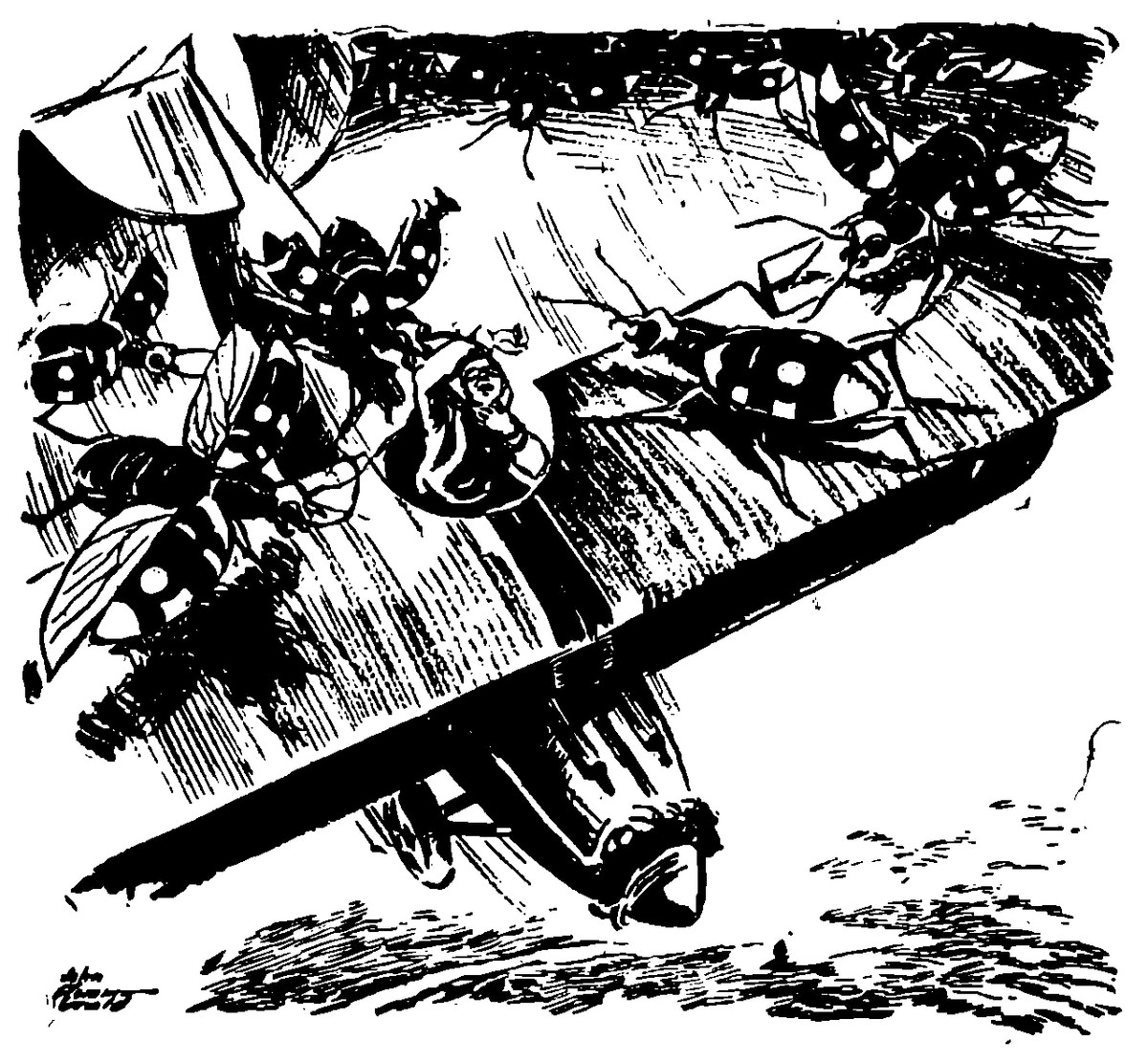 Giant Ants Attack Aircraft — Pulp Era Insect Invasion Interior Illustration