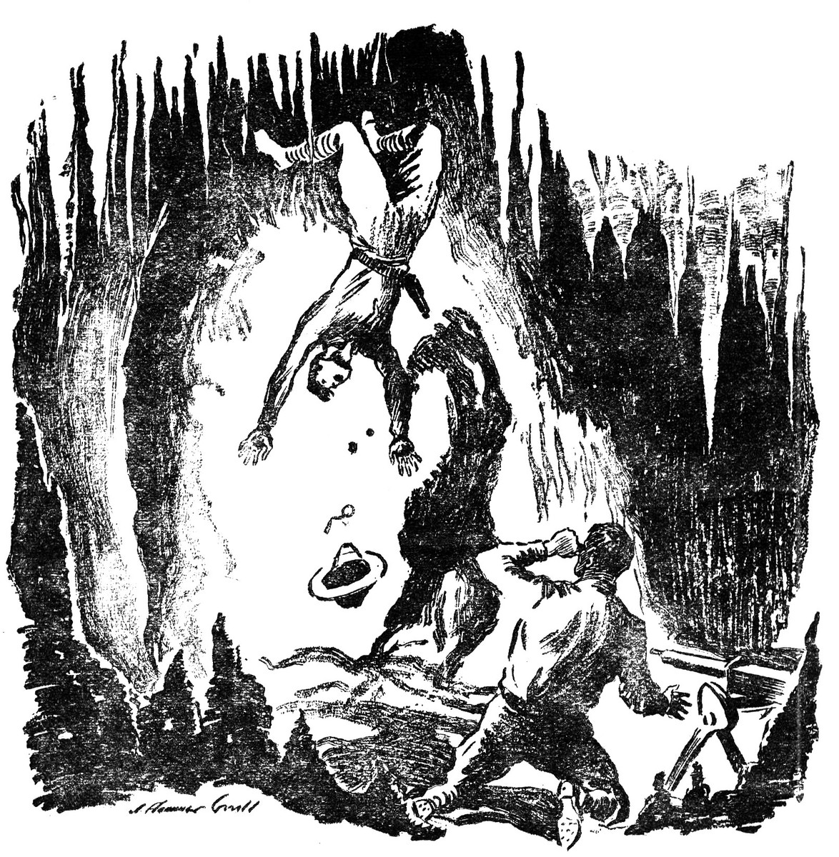 J. Flemming Grill: Giant Creature Abducts Man in Cave, Pulp Horror