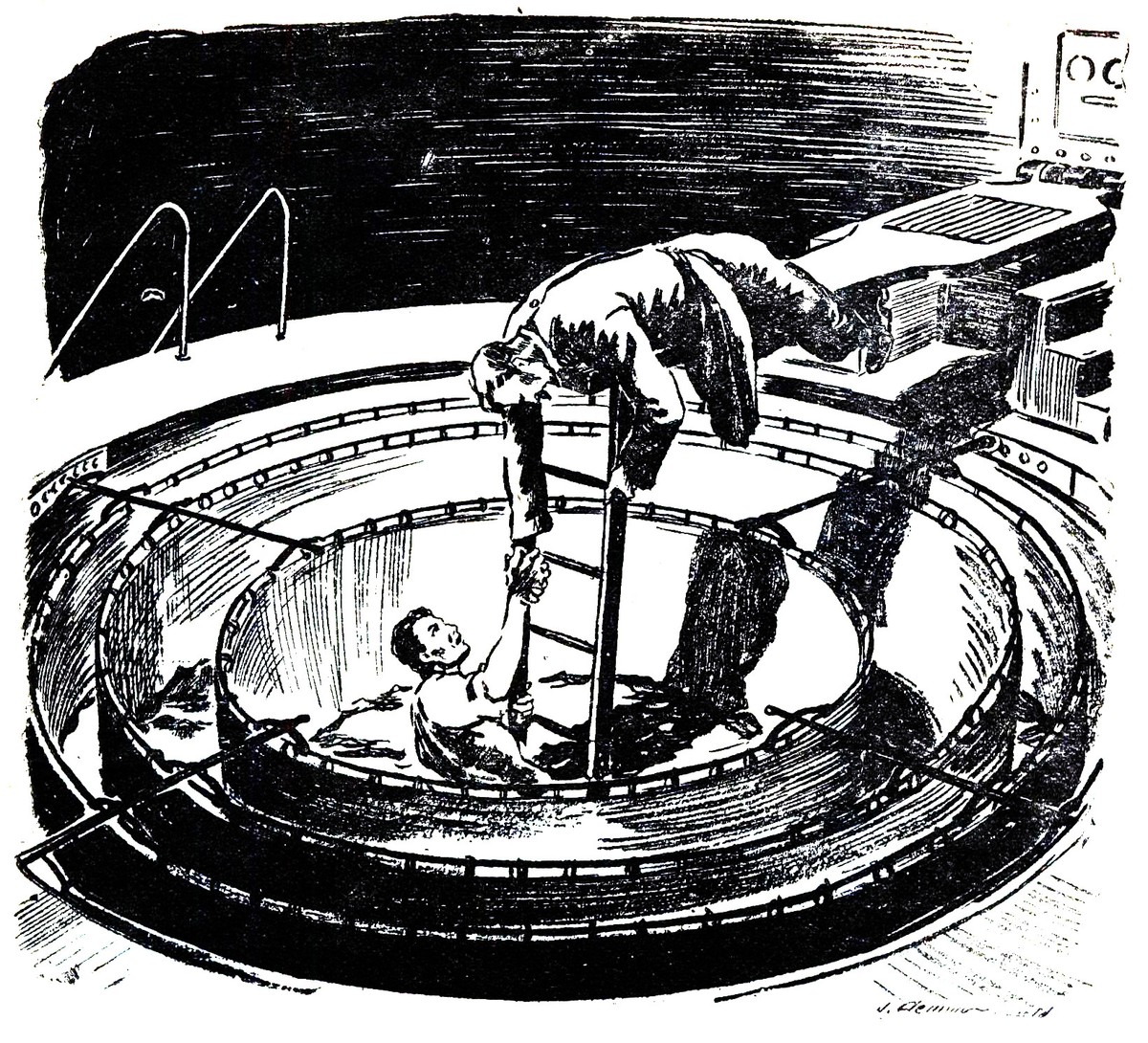 Scientist Rescues Figure from Circular Electromagnetic Tank, Atomic Age Lab