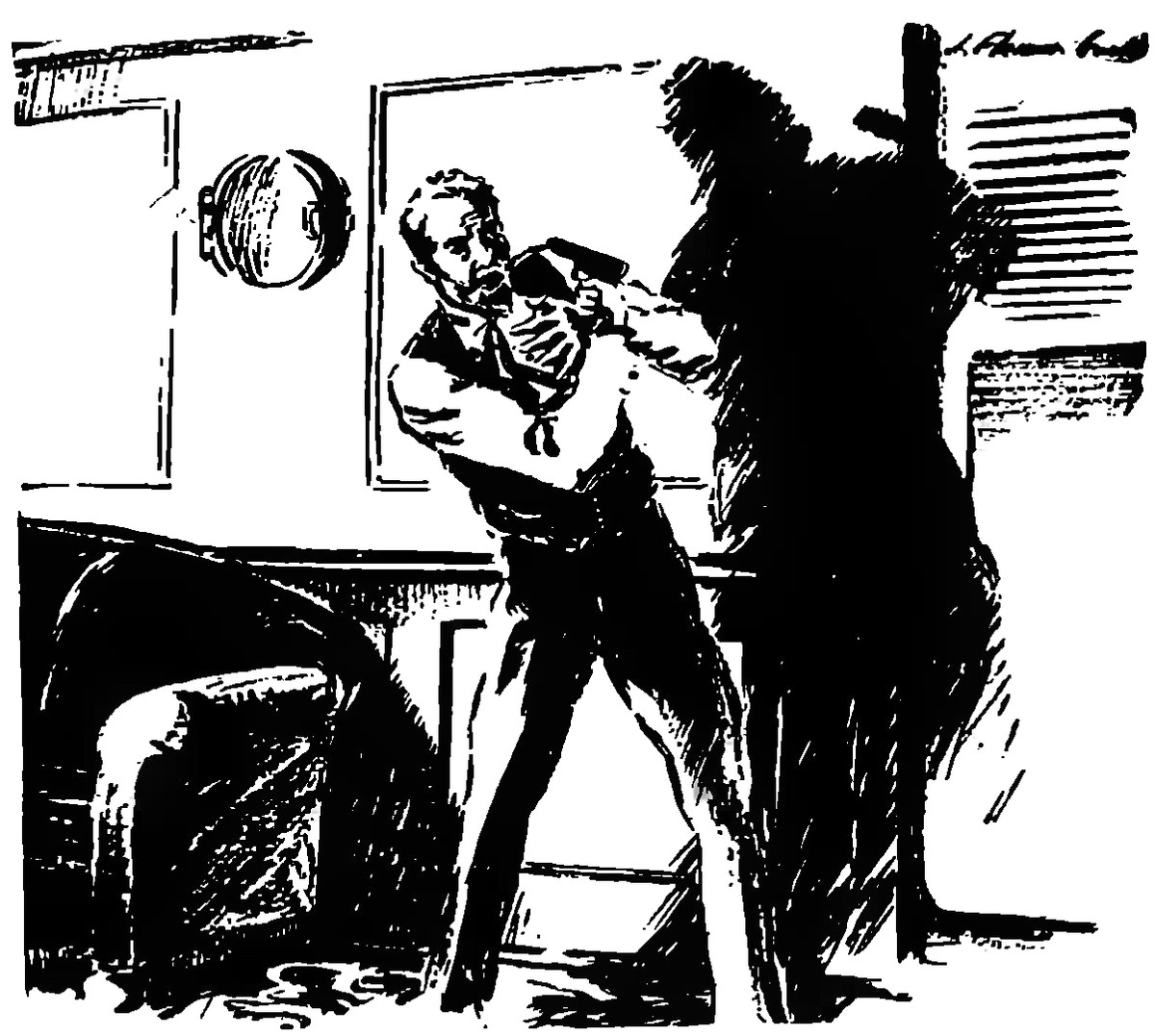 Man Confronts Hulking Dark Entity in Cabin Interior, Early Sci-Fi Pen-and-Ink