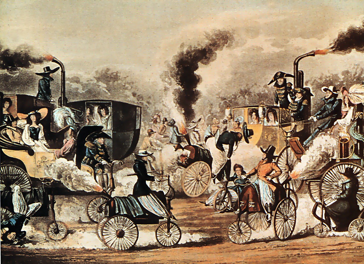 Steam-Powered Road Chaos: Victorian Retro-Futurist Traffic Satire c.1830