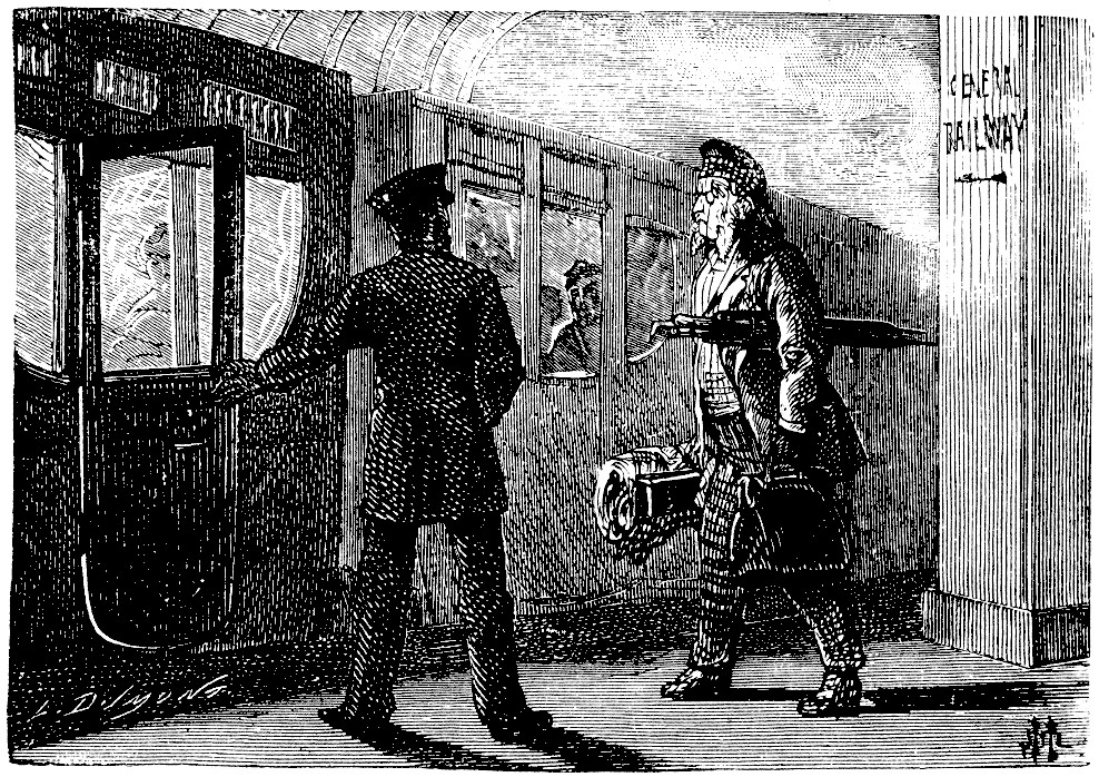 Prehistoric Man Boards Future Train — Albert Robida Victorian Sci-Fi Engraving