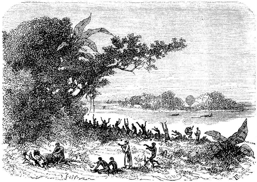 Jules Verne's Five Weeks in a Balloon — Victorian Engraving, Africa Shore Scene