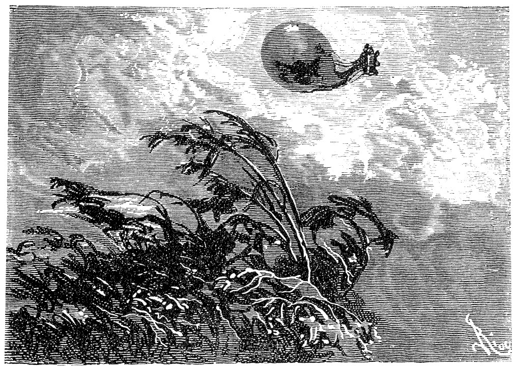 Verne's Balloon Escape Over Alien Jungle — Victorian Engraving c.1870s