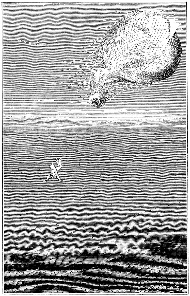 Balloon Catastrophe Over the Sea — Jules Verne Era Engraving, c.1880s