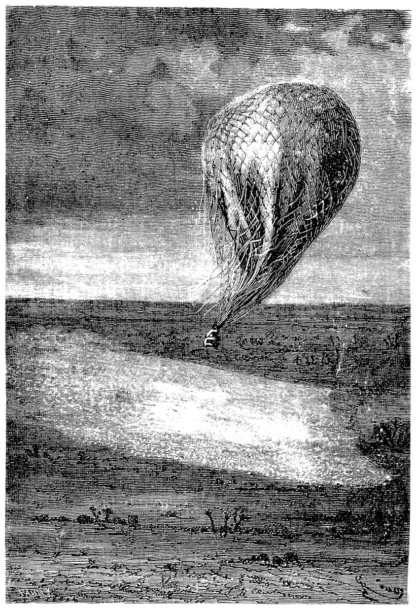 Jules Verne Balloon Crash Landing — Victorian Engraving, 1880s
