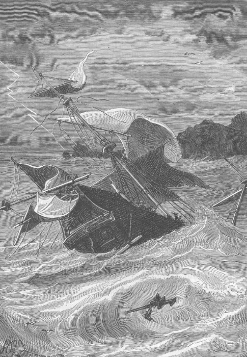 Robida's Flying Ship Wrecked in Storm — Victorian Retro-Futurist Engraving