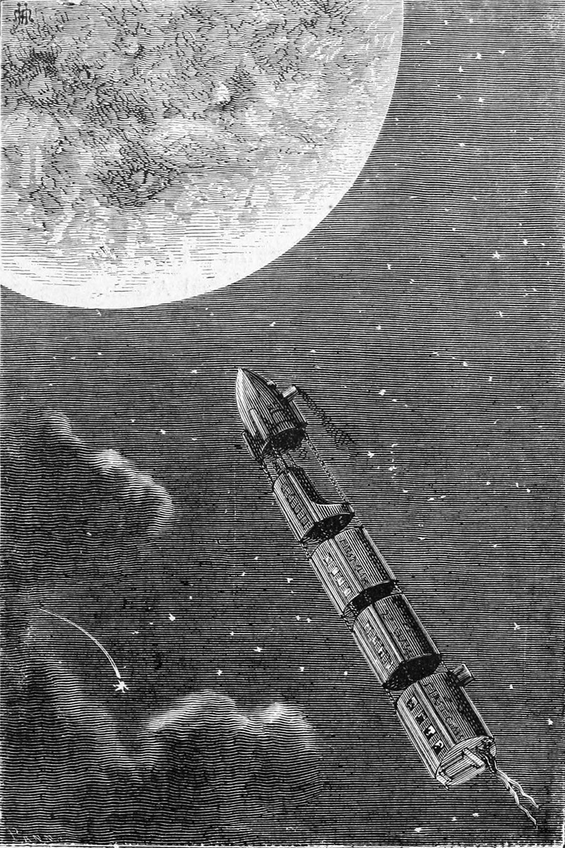 Jules Verne's Columbiad Projectile Approaching the Moon — 1870s Engraving