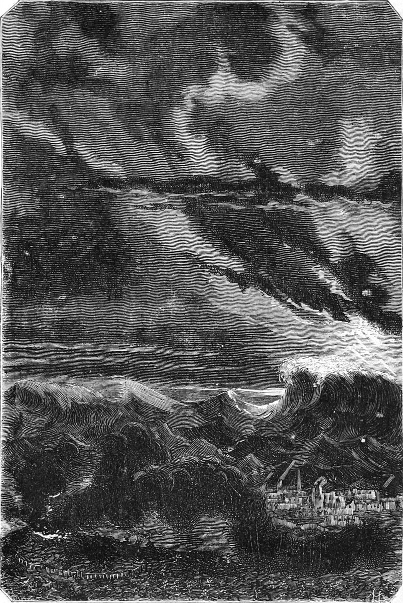 Colossal Tsunami Engulfs Coastal Town — Jules Verne Victorian Engraving