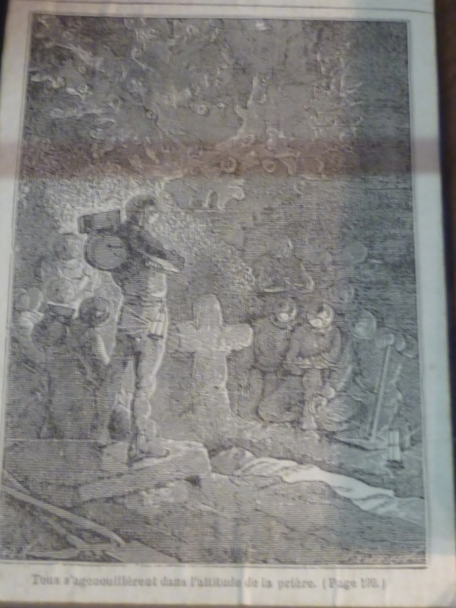 Jules Verne Lunar Explorers at Cross-Marked Grave, Victorian Engraving