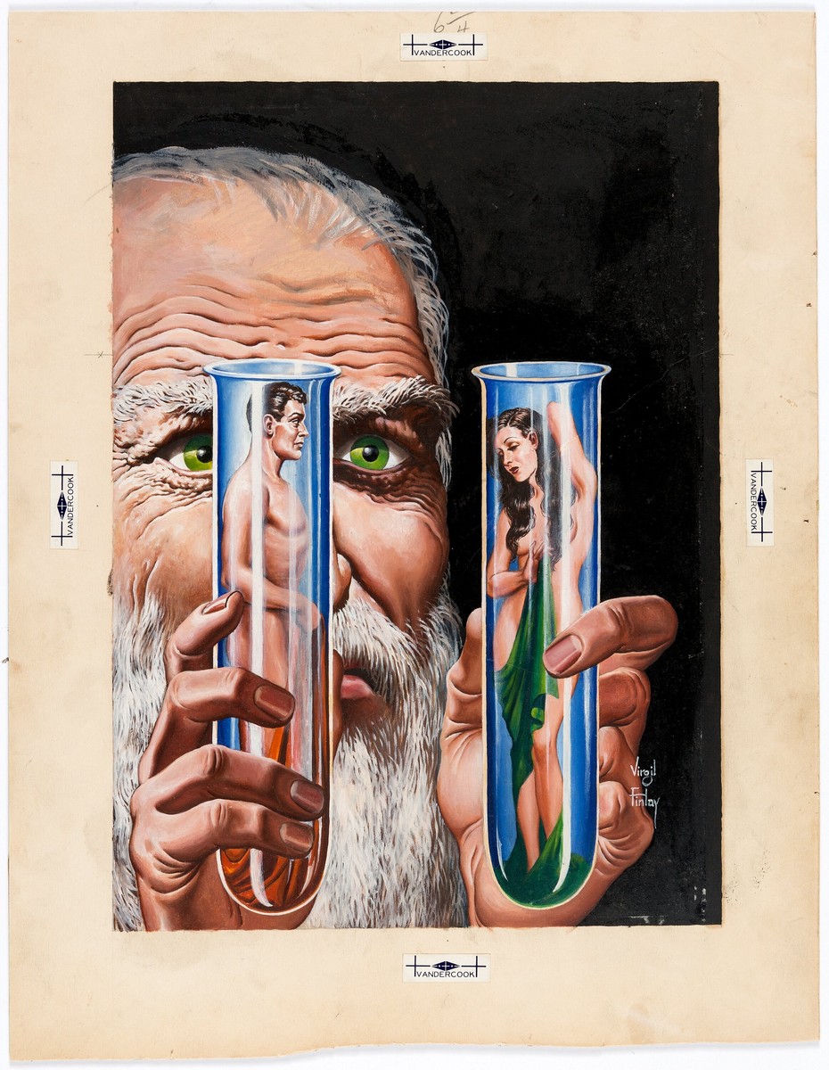 Virgil Finlay's Mad Scientist Creates Adam and Eve in Test Tubes