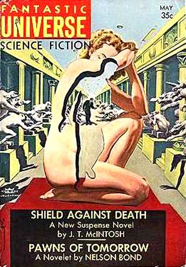 Fantastic Universe May 1957 Cover: Giant Woman Terrorized by Alien Shadows