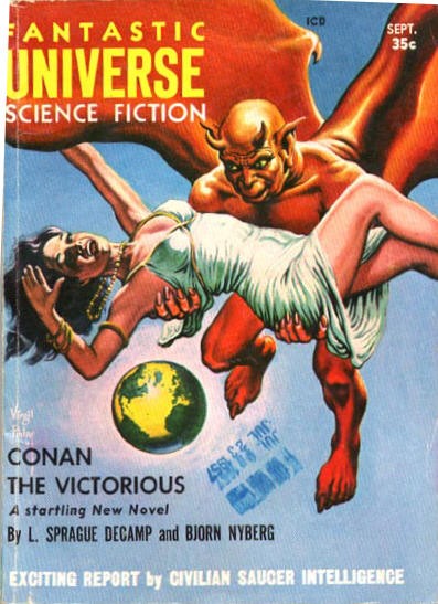 Virgil Finlay's Demon Abducts Woman Over Earth, Fantastic Universe Sept 1957