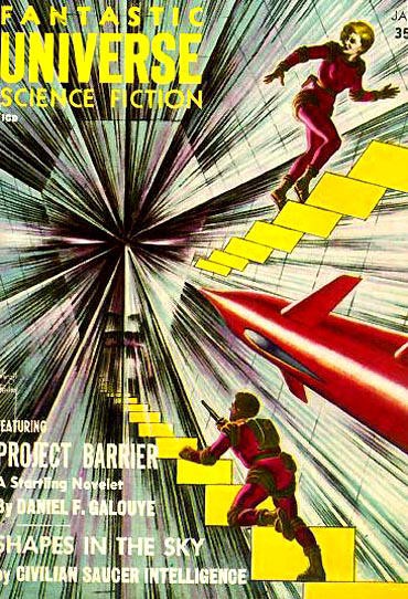 Fantastic Universe Jan 1958 — Project Barrier Spacemen in Dimensional Tunnel