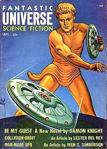 Giant Golden Colossus vs. Flying Saucer — Fantastic Universe, Sept 1957