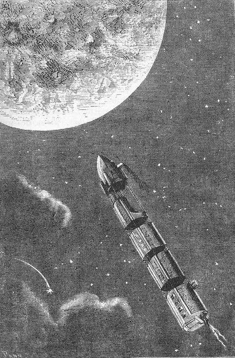 Jules Verne Moon Voyage: Victorian Engraving of Spacecraft Near Lunar Surface