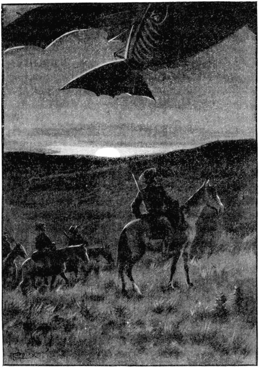 Pterodactyl Menaces Horsemen at Dusk — Victorian Lost World Illustration