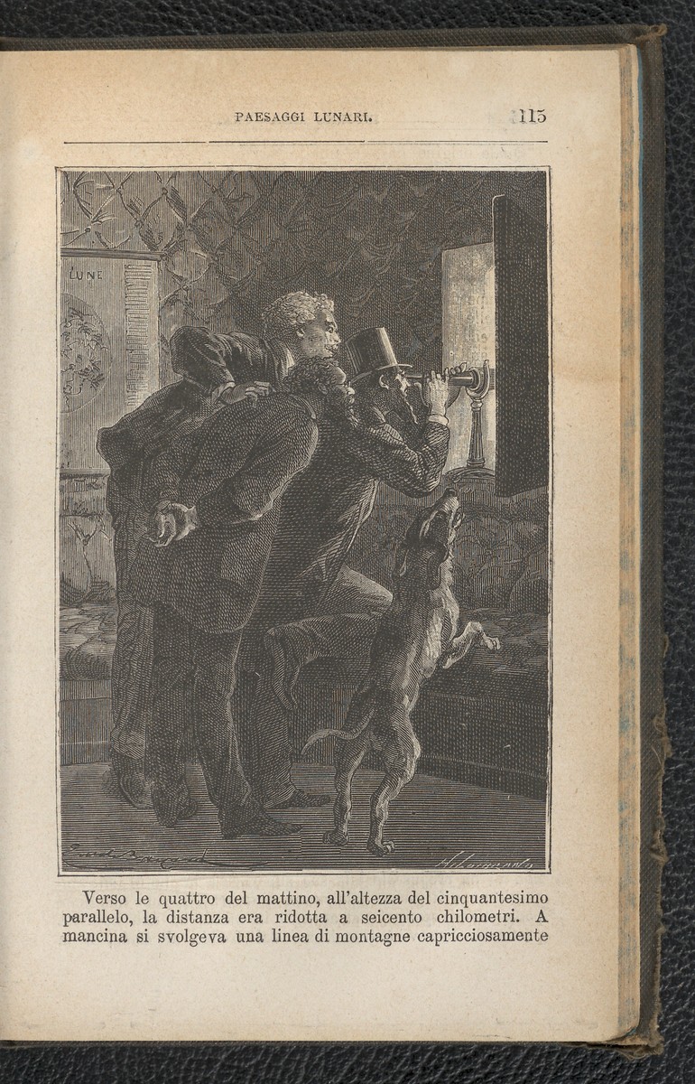 Jules Verne's Around the Moon — Men at Telescope, Italian Edition c.1870s