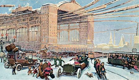 Albert Robida's Futurist Paris Street Scene, c.1900 Chromolithograph