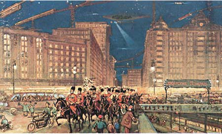 Albert Robida's Futurist Paris Night: Cavalry Parade in Electric City