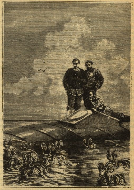 Three Men Atop the Nautilus Surrounded by Sea Creatures — Verne 1870s