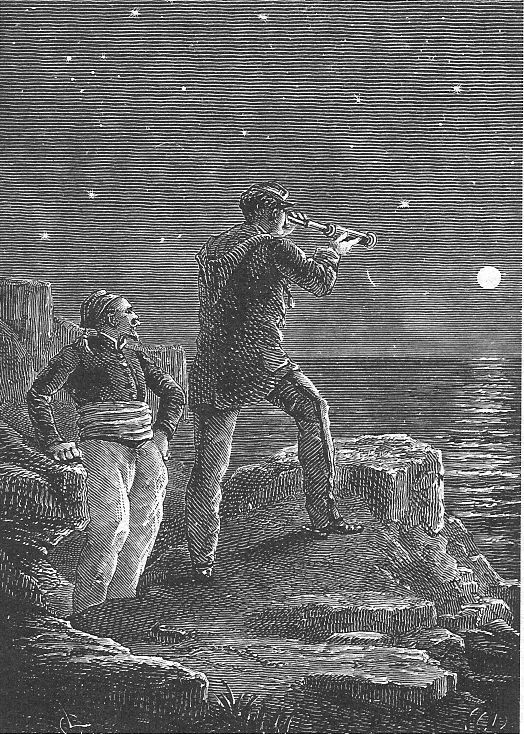 Jules Verne's Mysterious Island: Observers Scanning Moon Over Rocky Coast