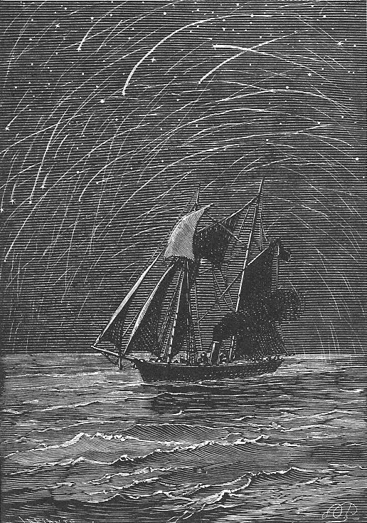 Leonid Meteor Storm Over Sailing Vessel — Victorian Wood Engraving, c.1870s