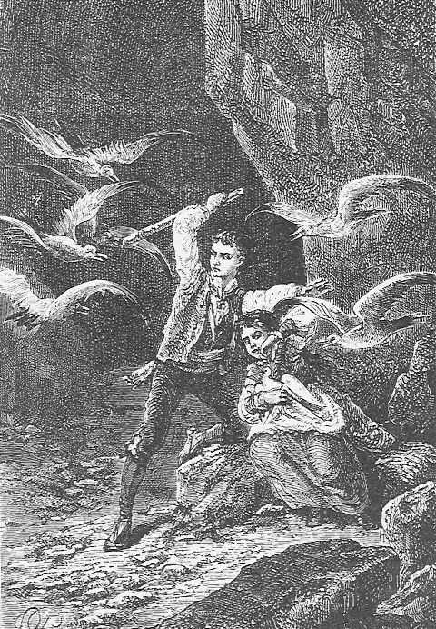 Jules Verne's Mysterious Island: Hero Battles Giant Birds, 1870s Engraving