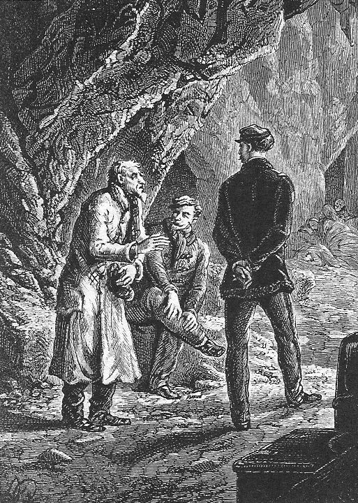 Underground Cave Encounter — Jules Verne Victorian Engraving, c.1860s-1880s