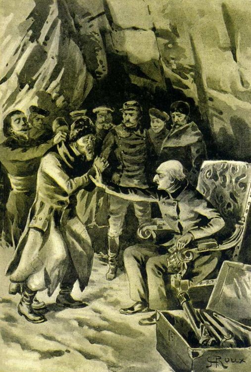 G. Roux Illustration: Confrontation in Arctic Cave, Jules Verne Adventure