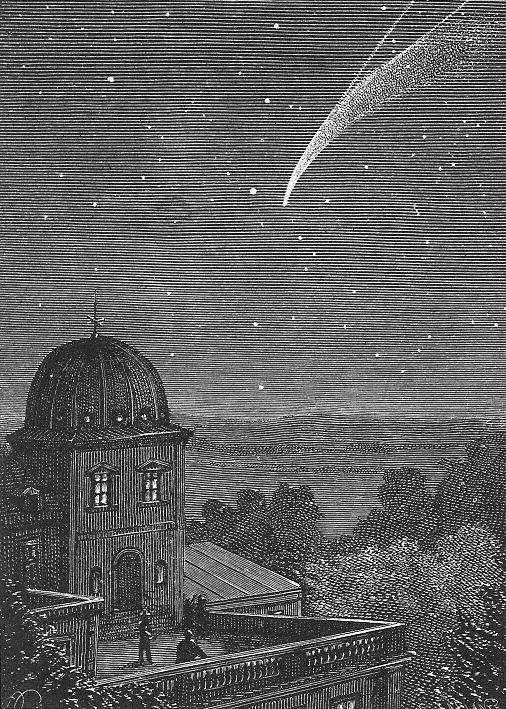 Comet Over Observatory — Victorian Astronomical Engraving, c.1880s