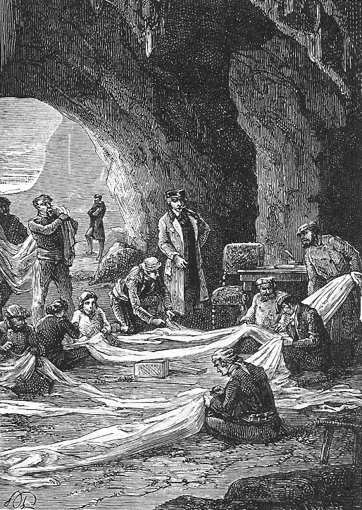 Jules Verne's Underground Workers in Subterranean Cave, 1870s Engraving
