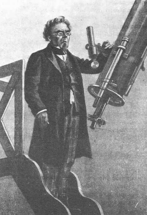 Victorian Astronomer at Large Refracting Telescope — Early Sci-Fi Book Illustration