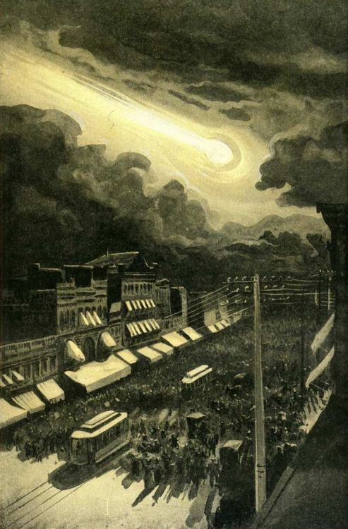 Fireball Over Victorian City Street — Panic in the Crowd, c.1890s