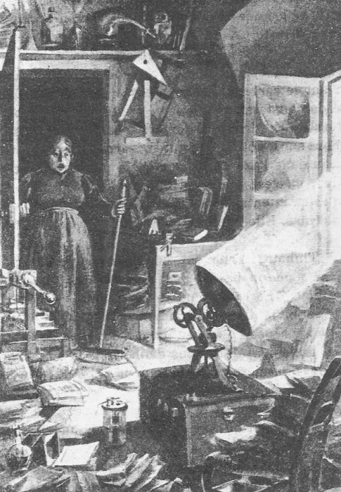 Woman Discovers Strange Projector Device in Chaotic Victorian Laboratory