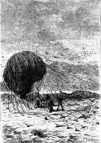Jules Verne Balloon Crash Landing — Victorian Engraving circa 1870s