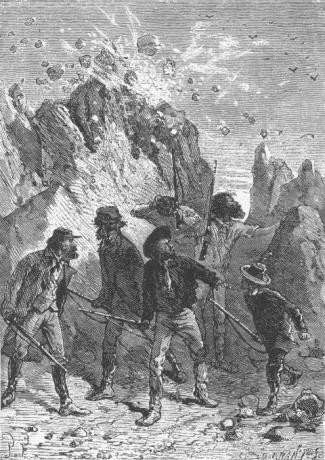 Jules Verne's Mysterious Island – Dynamite Blast Scene, 1870s Engraving