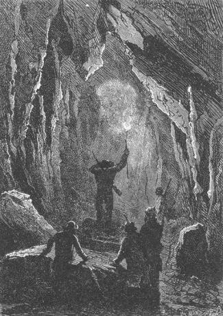 Jules Verne's Mysterious Island — Cave Exploration Engraving, 1870s