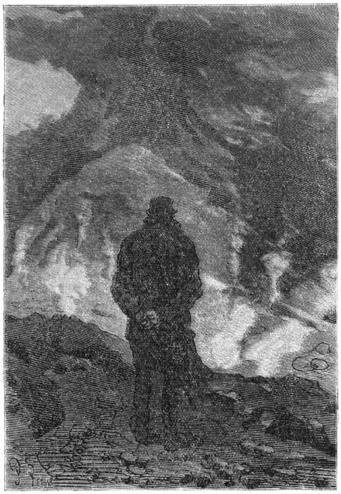 Jules Verne's Mysterious Island: Lone Figure Amid Volcanic Eruption, 1870s