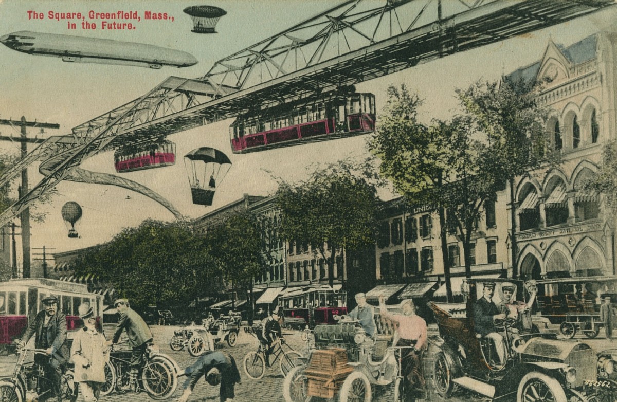 Edwardian Futurist Postcard: Greenfield Mass. Square With Monorail & Zeppelin, c.1910