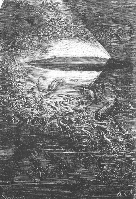 Nautilus Searchlight Illuminates Deep-Sea Chaos — 20,000 Leagues Illustration 1870