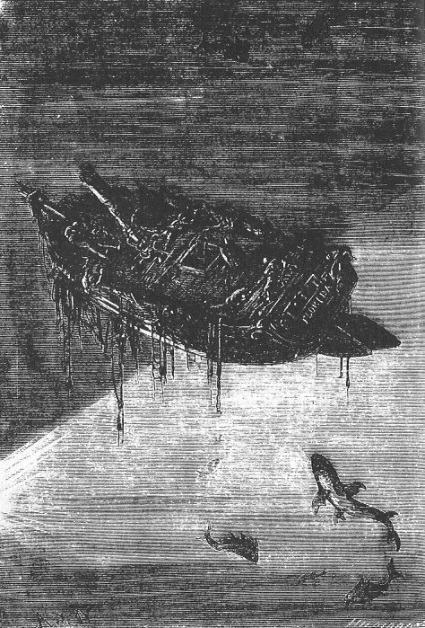 Nautilus Rests on the Ocean Floor — Jules Verne '20,000 Leagues' Engraving