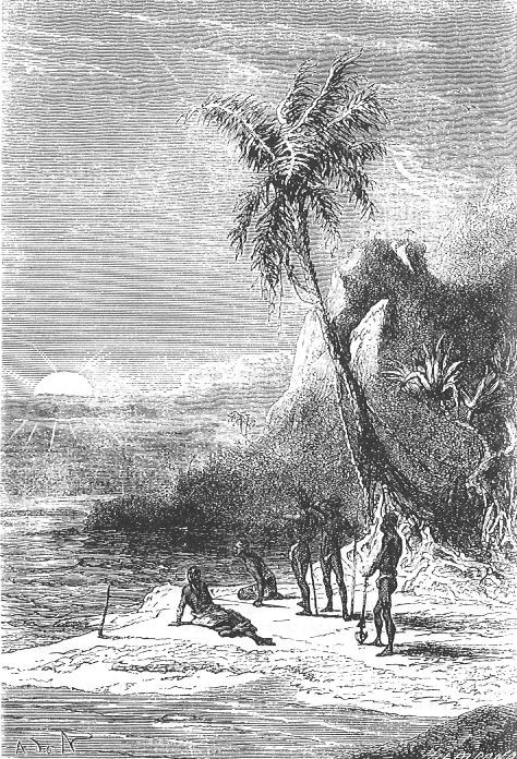 Mysterious Island Natives at Dusk — Riou Engraving, Verne 1870s