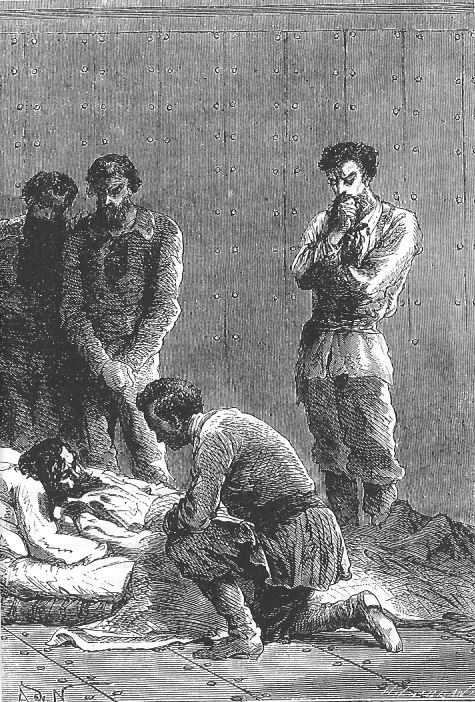 Dying Crewman Aboard Nautilus — Twenty Thousand Leagues Under the Sea, Riou 1871